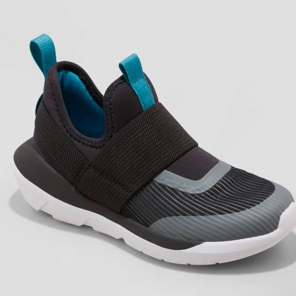 Kids Black Slip-On Athletic Shoes with Teal Accents